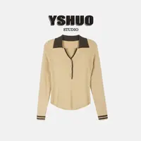 YSHUO【梧桐树下】撞色翻领针织显瘦洋气百搭气质正肩长袖上衣25557