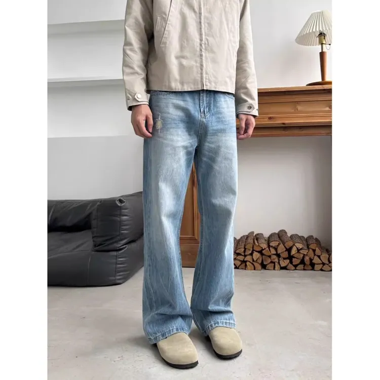 闪电裂纹水洗蓝直筒微喇叭磨破洞百搭牛仔裤男女秋冬季休闲长裤子