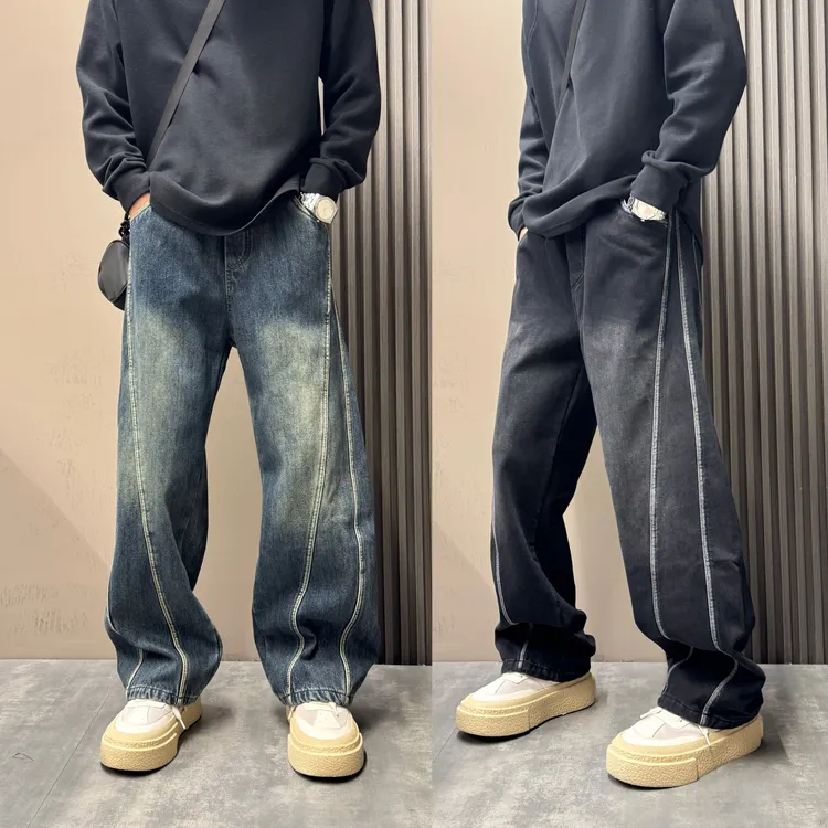 2025秋冬新款潮流设计感拼接加绒加厚直筒牛仔裤美式宽松阔腿裤