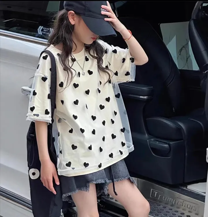 2025新款女童短袖t恤夏季儿童洋气时髦夏装大童双层爱心网纱上衣