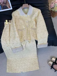 8801富家千金小香风套装女春秋新款法式钉珠亮片轻奢半身裙两件套