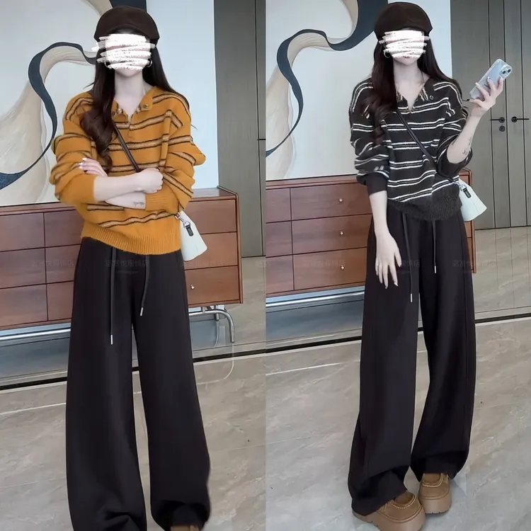 2025秋季新款复古懒惰风宽松条纹针织衫毛衣设计感垂感休闲裤套装