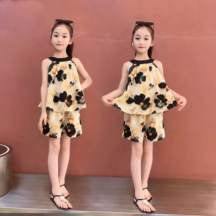 女童立体大花挂脖套装夏季中大童洋气时尚薄款6-12岁女童网红裙子