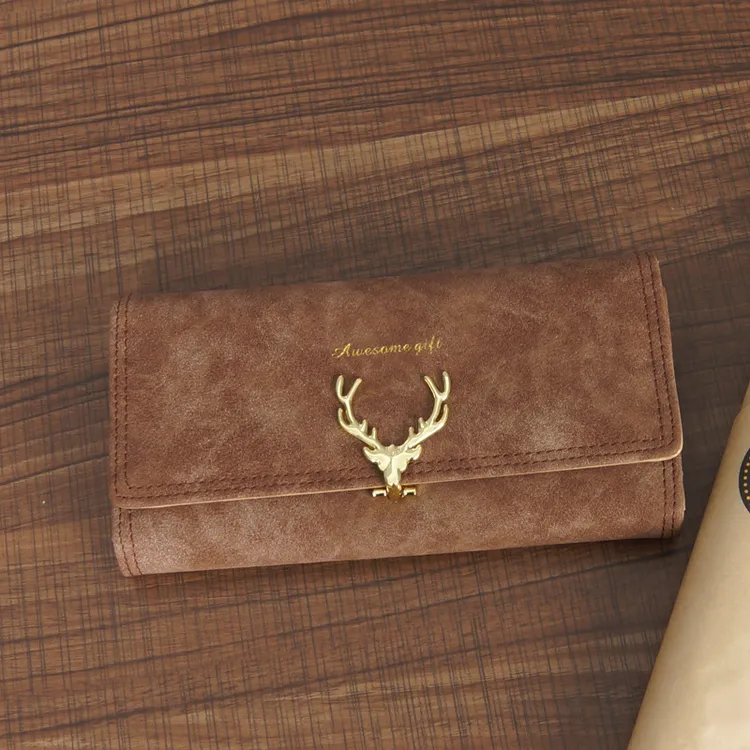 钱包时尚长款鹿头韩版搭扣创意多功能磨砂女士三折钱夹皮夹