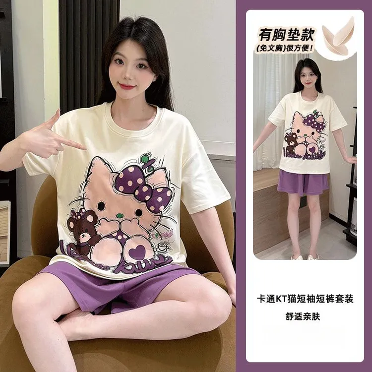 短袖短裤带胸垫女款夏天舒适透气新款凯蒂猫猫睡衣休闲家居服套装