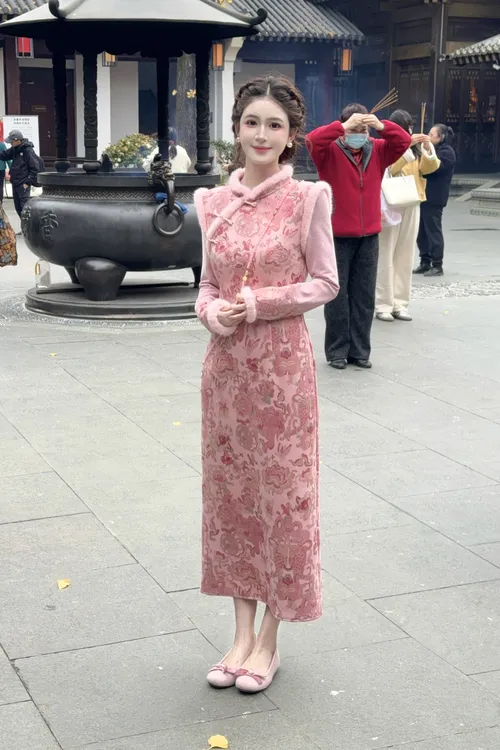 LiLi李李家【胭脂海棠】新中式假两件粉色旗袍连衣裙XMZH11145