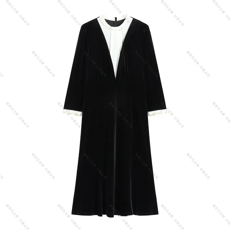 【深圳畅姐】新款丝绒千金风挂脖款法式常规袖连衣裙中长款