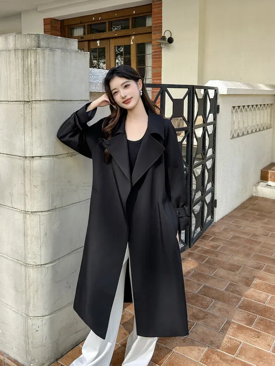 黑藏青色风衣外套女中长款2025年春秋新款时尚翻领宽松英伦风大衣
