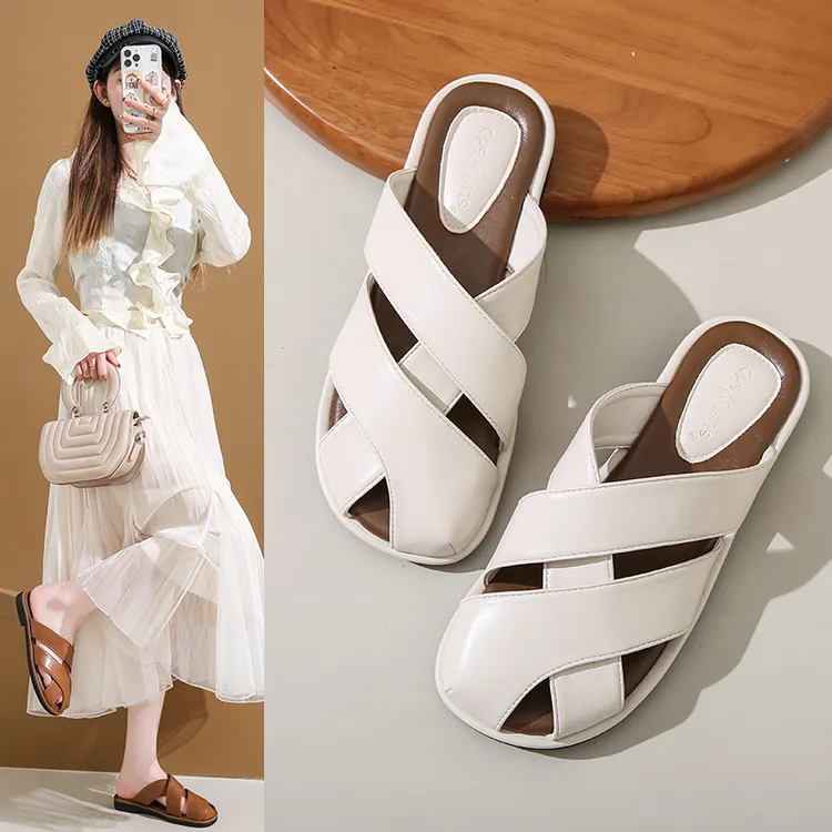 女士包头半拖鞋女夏外穿新款仙女风海边度假沙滩平底法式罗马凉拖