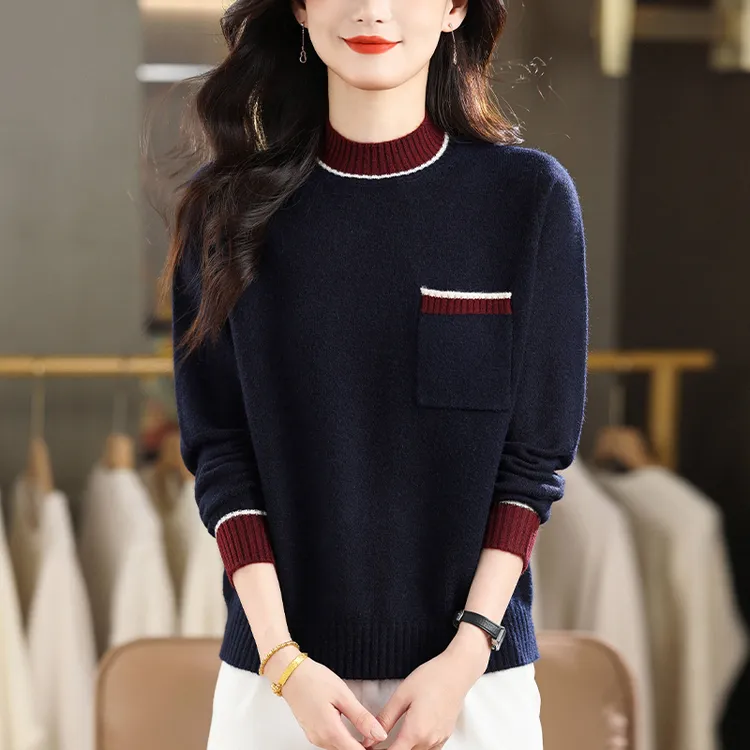 大码半高领针织打底衫女秋冬2025新款遮肚子宽松内搭撞色上衣毛衣