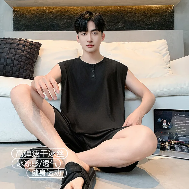 速干高弹冰丝睡衣男士夏季无袖冰凉感莫代尔透气空调衫休闲家居服