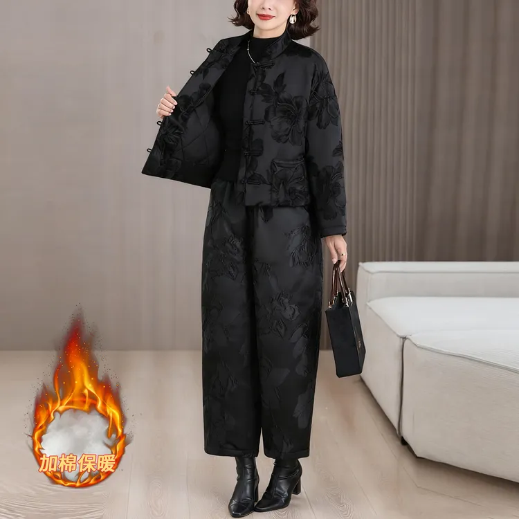 中式妈妈装加棉国风棉衣加棉裤套装女冬装棉袄上衣+松紧腰九分裤