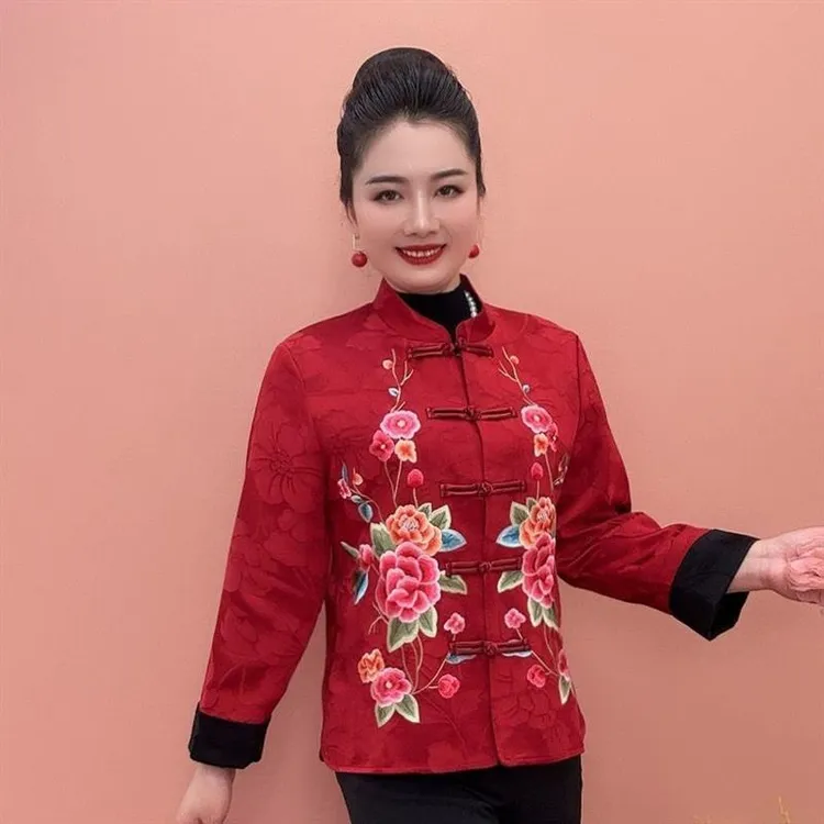 秋款中国风外套民族风女装短款外套立领唐装绣花上衣妈妈装女