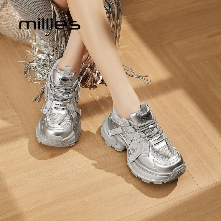 妙丽松糕厚底银色老爹鞋女鞋春季爆款炸街机能运动鞋百搭跑步鞋女