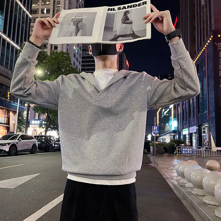 拼接假两件连帽卫衣男款春秋季潮牌男装撞色上衣2025新款长袖体恤