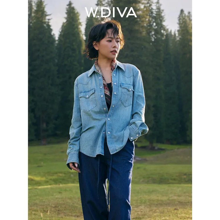 W.Diva【绮梦】夏季休闲舒适牛仔长袖衬衫纯欲慵懒风女装51S211563