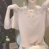 【绮可儿】夏季新款拼接气质设计感重工别致粉色圆领短袖T恤女装