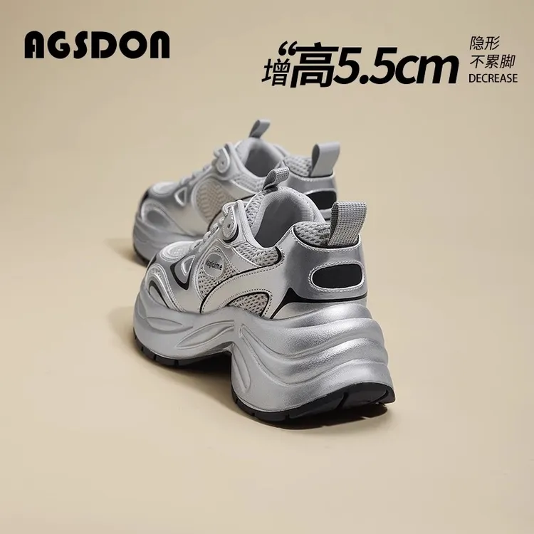 奥古狮登银色老爹鞋女2025新款春季百搭巴黎显脚小厚底跑步运动鞋