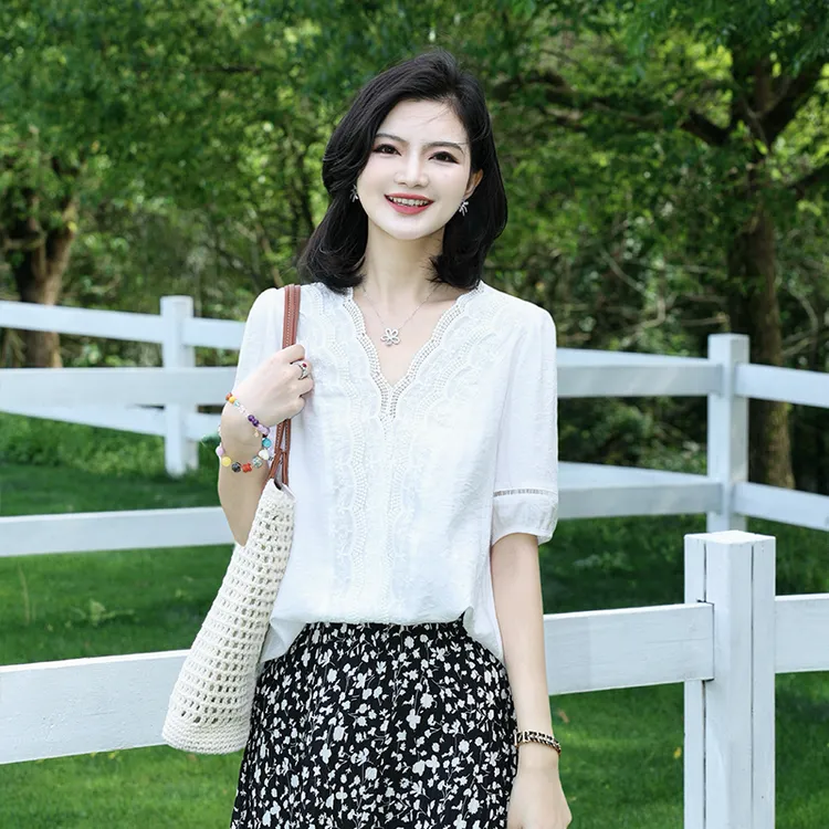 阿楠anan 莫奈花园2.0 气质V领蕾丝提花衬衣女夏短袖衬衫上衣T恤