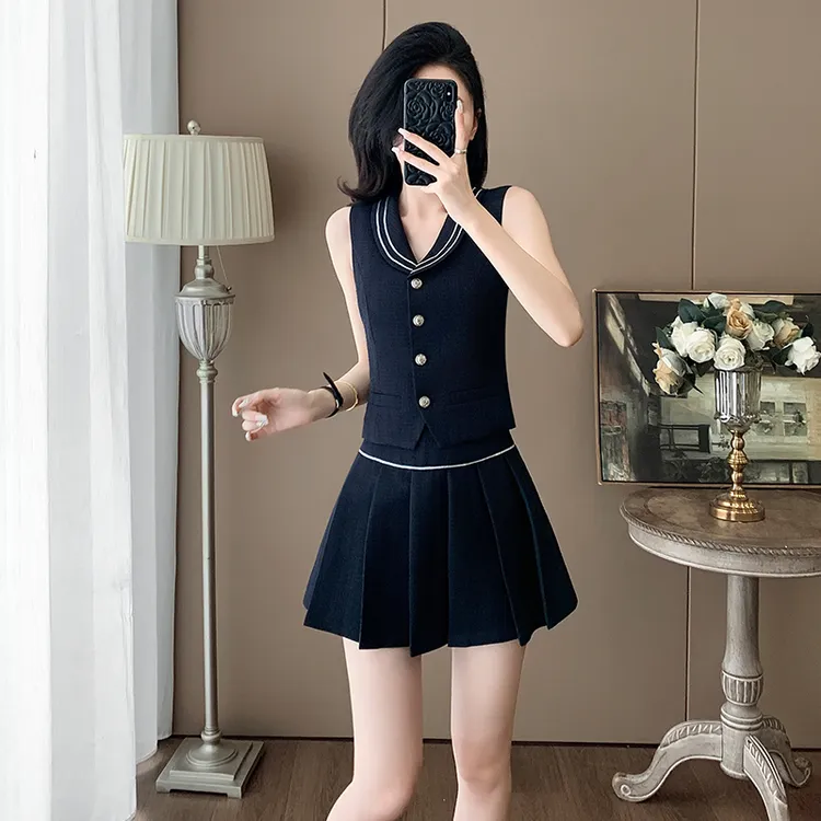 夏季御姐时尚减龄小香风套装女洋气学院风无袖马甲百褶短裙两件套