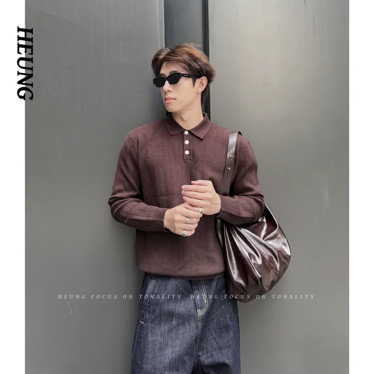 HEUNG 秋冬肌理感针织衫极简轻奢纯色翻领百搭套头翻领POLO毛衣男