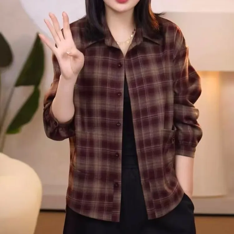 6273高档时尚百搭复古格子长袖衬衫2025秋季新款女装显瘦遮肉上衣