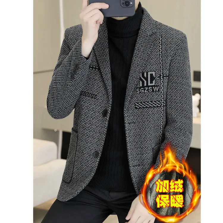 奇珀菲仑冬季商务休闲加绒小西装男士加厚保暖毛呢子西服冬装外套