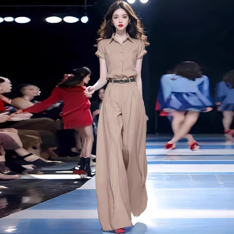 拉夏贝尔时尚套装女2025夏季新款洋气短袖衬衫高腰阔腿裤两件套潮