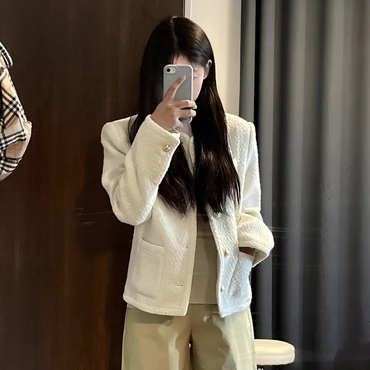 白色粗花呢小香风外套女短款2025春季新款高级感韩系休闲气质上衣