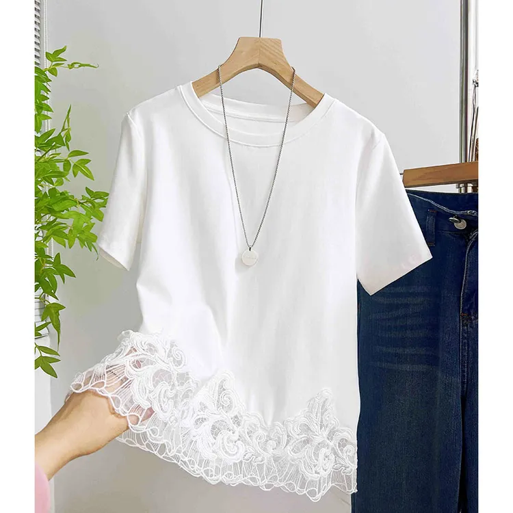 618新品/2025夏季新款圆领T恤女设计感蕾丝花边拼接体恤上衣 M713
