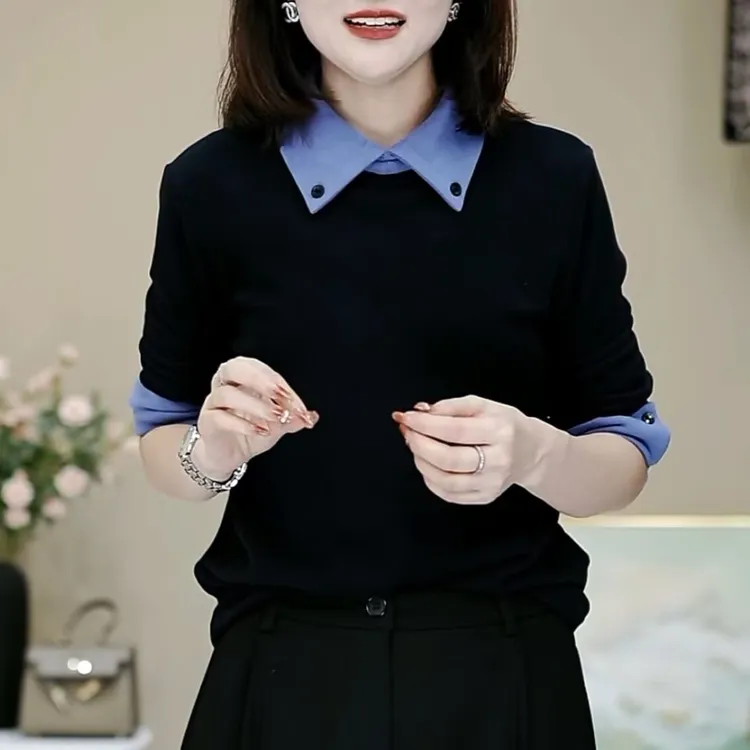 秋冬新款拼色长袖时尚百搭小衫女士气质翻领显瘦修身打底衫女