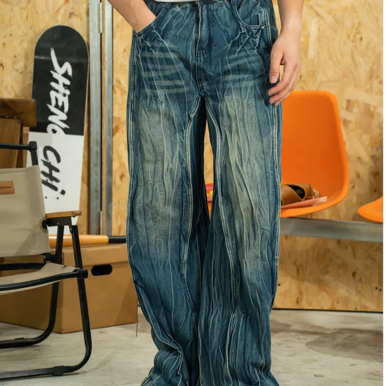 （清货款）复古做旧长裤男士春秋美式牛仔裤裤子日系扎染阔腿裤