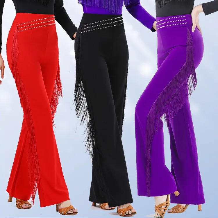 流苏镶钻广场舞裤子拉丁舞女士吉特巴舞蹈裤恰恰舞跳舞裤烫钻长裤
