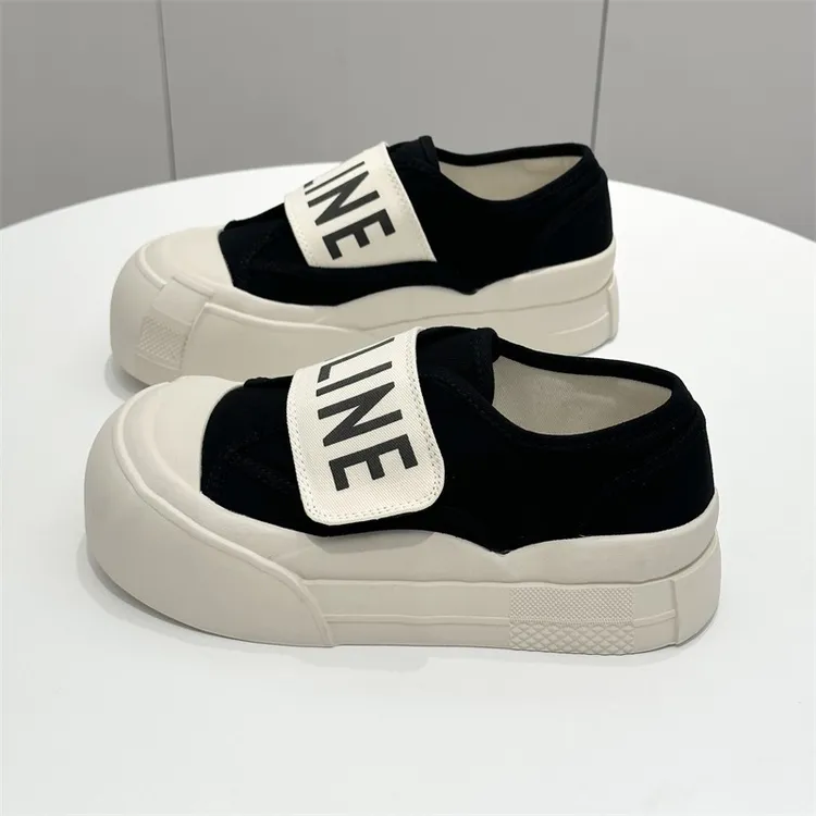 爆款松糕厚底魔术贴字母帆布鞋女2025春夏季透气大头丑萌懒人板鞋