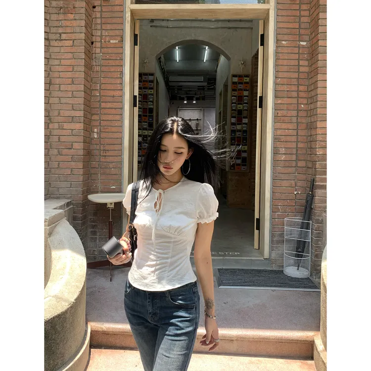 70不是七十【仲夏甜心】夏季韩版气质收腰领口系带短袖小衫