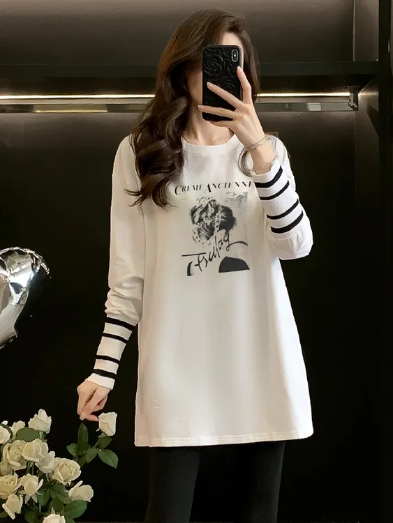 白色t恤女2025新款长袖搭配鲨鱼裤的上衣中长款秋冬白色打底衫潮