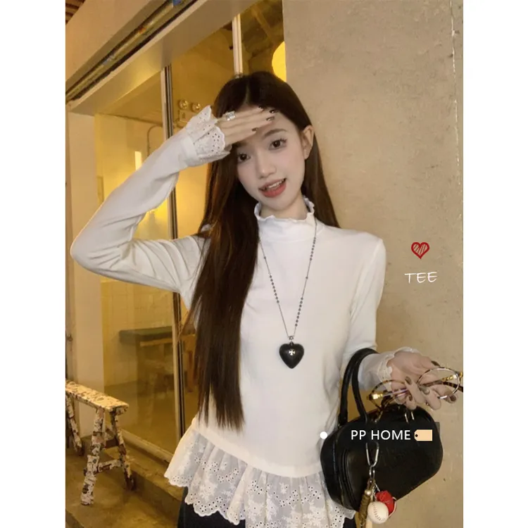 【全额运补】蕾丝拼接花边高领打底衫女秋冬chic长袖T恤宽松设计感