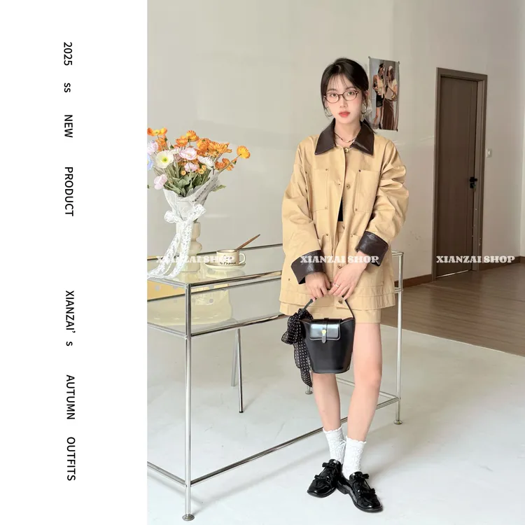 XIANZAI【焦糖落叶】秋冬反季美式复古时尚百搭休闲夹克两件套装