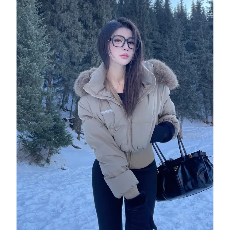美式短款连帽毛领加厚棉服女2025冬季新款设计感收腰显瘦棉衣外套