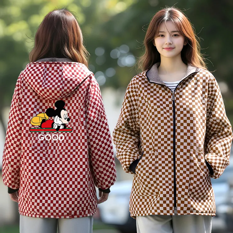 加绒长袖罩衣男女同款秋冬围裙外穿保暖短款双拉链工作服卡通印花