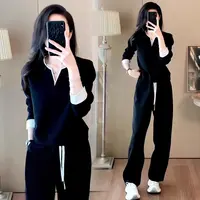 时尚休闲V领长袖显瘦阔腿裤休闲运动套装女秋装高级感减龄两件套