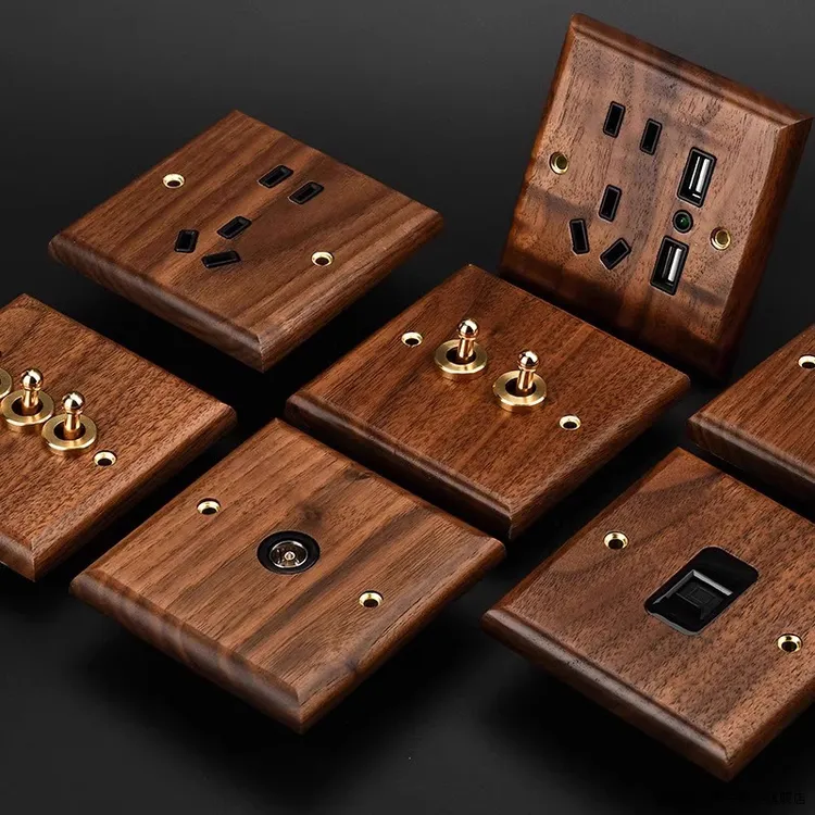 黑胡桃实木黄铜拨杆复古开关面板墙壁86明线盒一开带五孔插座明装