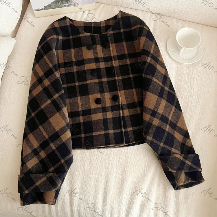 【ART ME】绵羊毛英式庄园交织纹路慵懒贵气格纹大衣w24685-1