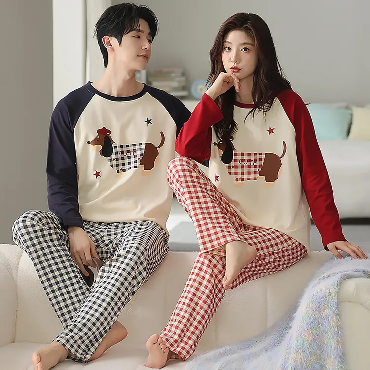 100%纯棉情侣睡衣春秋款长袖可爱卡通女士休闲全棉男生家居服套装