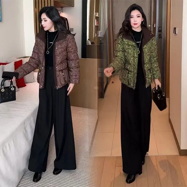 韩系时尚印花加厚棉服女2025冬季新款显瘦减龄拼接保暖宽松潮棉袄