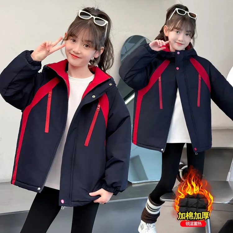 女童夹棉外套连帽秋冬新款小女孩二棉冲锋衣中大童运动风加厚上衣