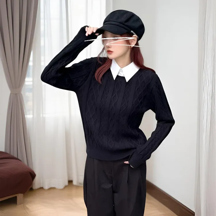 冬季穿搭设计感灰色假两件麻花针织毛衣女装秋季小众百搭显瘦上衣