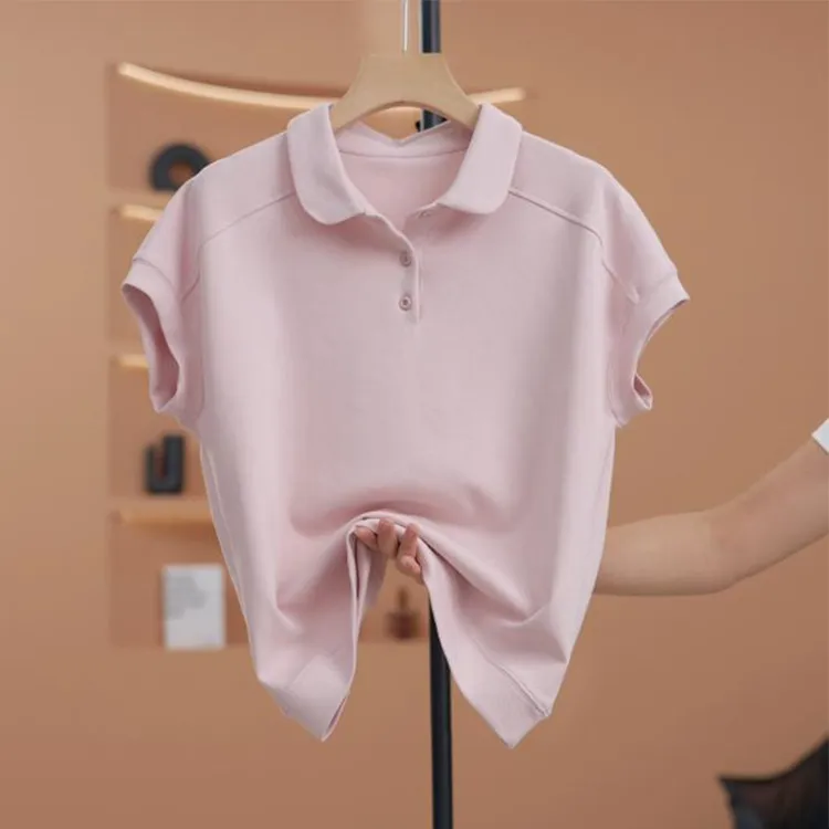 纯色Polo领短袖T恤女2025夏季新款落肩袖短款宽松显瘦休闲上衣潮