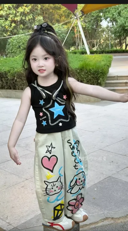 2025新款夏季涂鸦儿童牛仔裤女童阔腿裤外穿宽松韩系小童背心套装