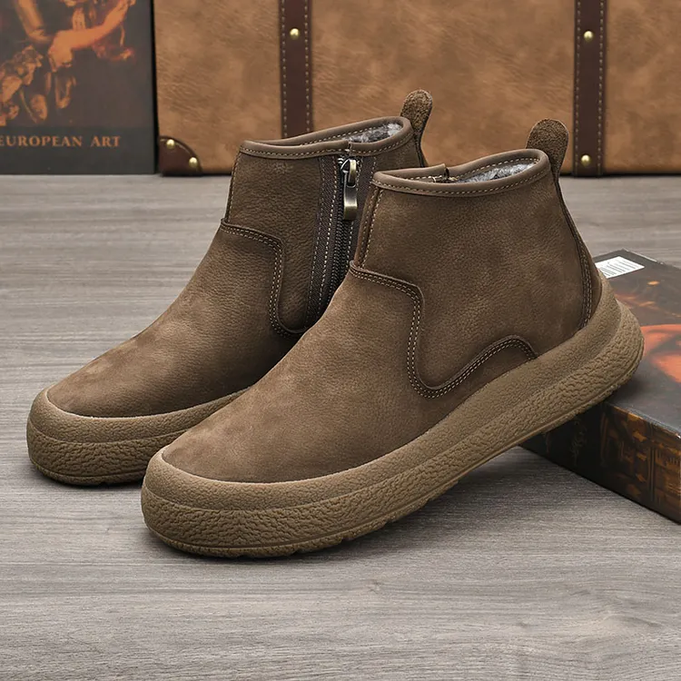 加绒男士休闲牛皮鞋侧拉链复古潮流马丁靴百搭